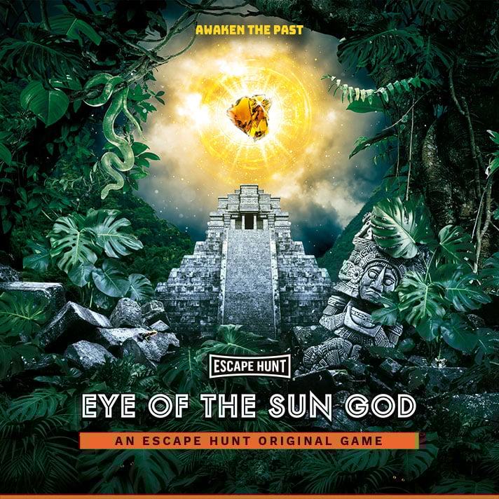 Poster of an Aztec-style temple for the escape room game 'Eye of the Sun God,' featuring a glowing gemstone surrounded by jungle foliage.