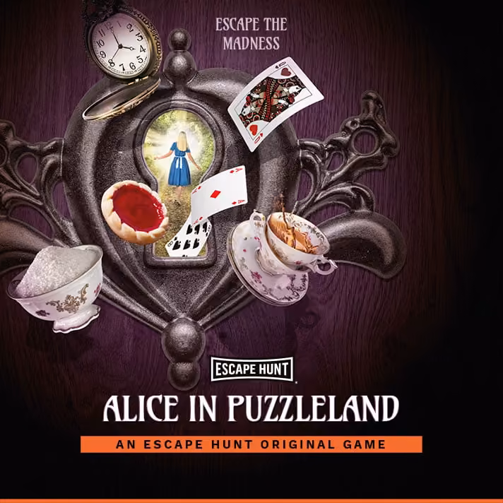 Alice in a keyhole with tea, a clock and playing cards surrounding