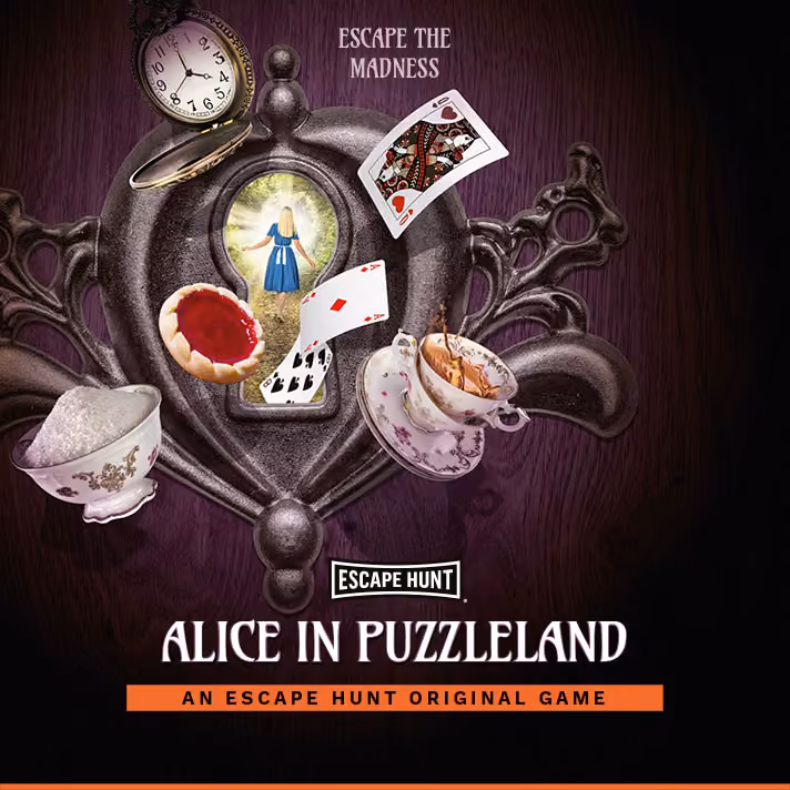 Alice in a keyhole with tea, a clock and playing cards surrounding